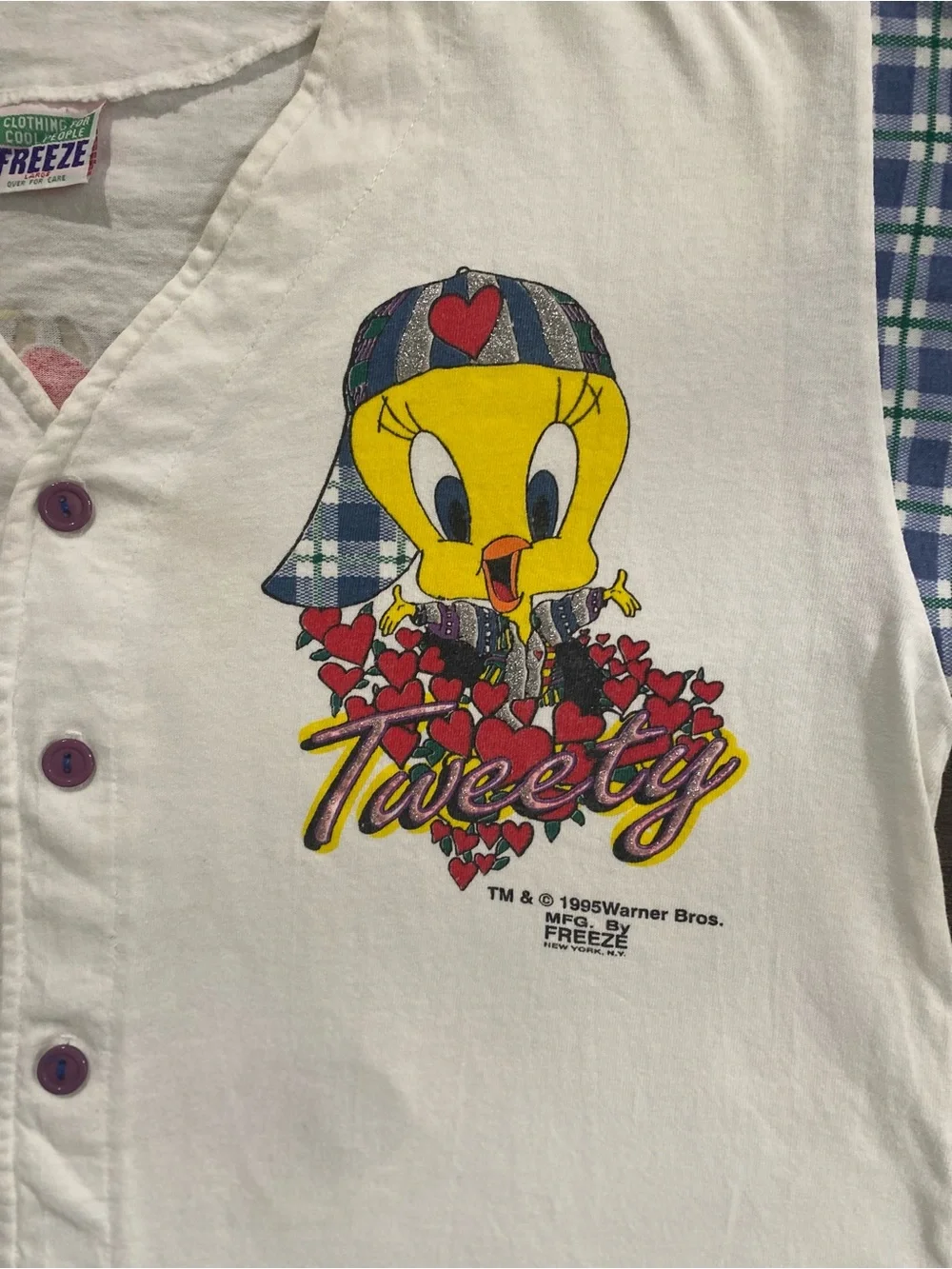 Vintage 90s Warner Bros Looney Tunes Tweety White Baseball Jersey Size Large